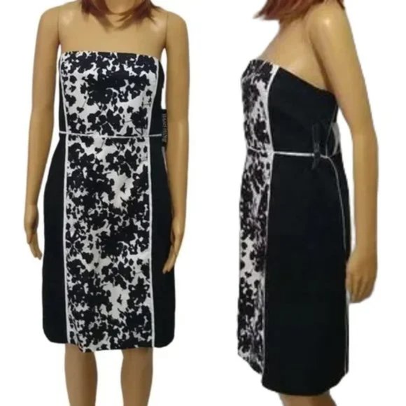 New York & Co Strapless Black White Floral Color Block Party Dress Size 10 NWT - Picture 1 of 8